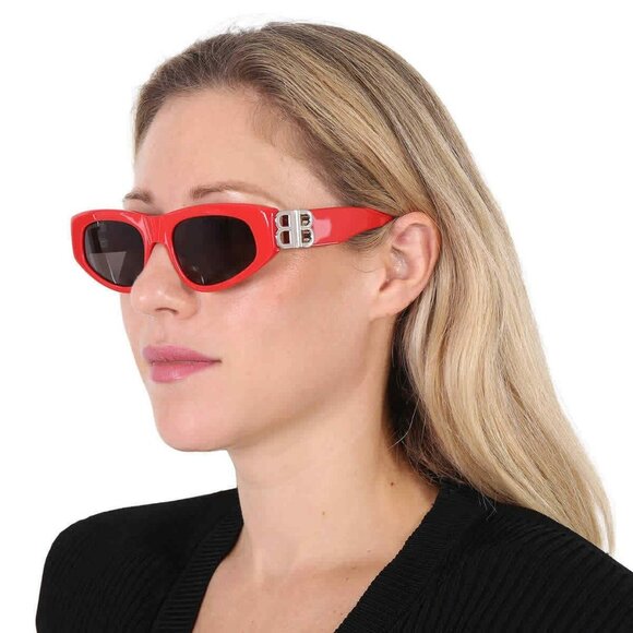 Balenciaga BB0095S 016 BRAND NEW Sunglasses Red Silver Logo Grey Cat Eye Unisex - Picture 1 of 14